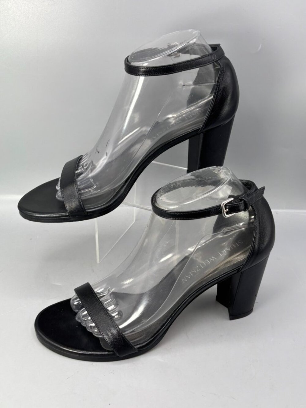 Stuart Weitzman Nudist II Block-Heel Sandals Womens 8-1/2 Black Keyhole Detail